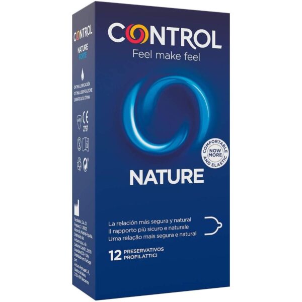 CONTROLE-NATURE Préservatifs transparents en latex de caoutchouc naturel avec lubrifiant. Forme cylindrique lisse avec réservoir Testé dermatologiquement. Largeur nominale : 54 mm. Boîte de 12 préservatifs.